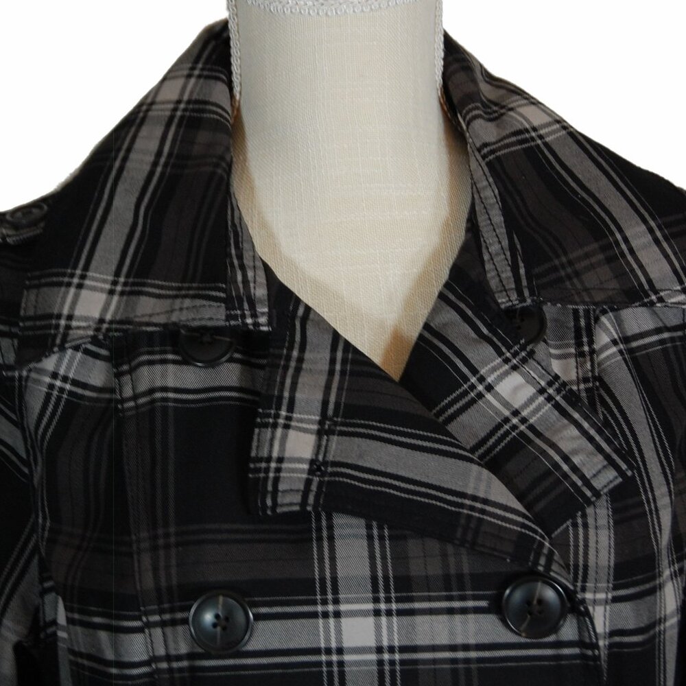 Merona Womens Trench Coat Jacket Black Gray Windowpane Plaid Long Size Medium